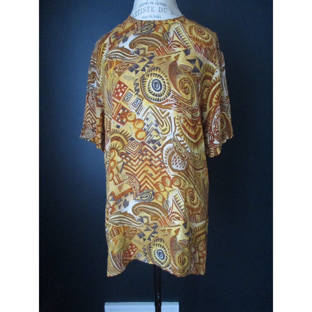 Vintage Brett Harrison Neutral Earth Tones Printed Short Sleeve Silk Blouse 14